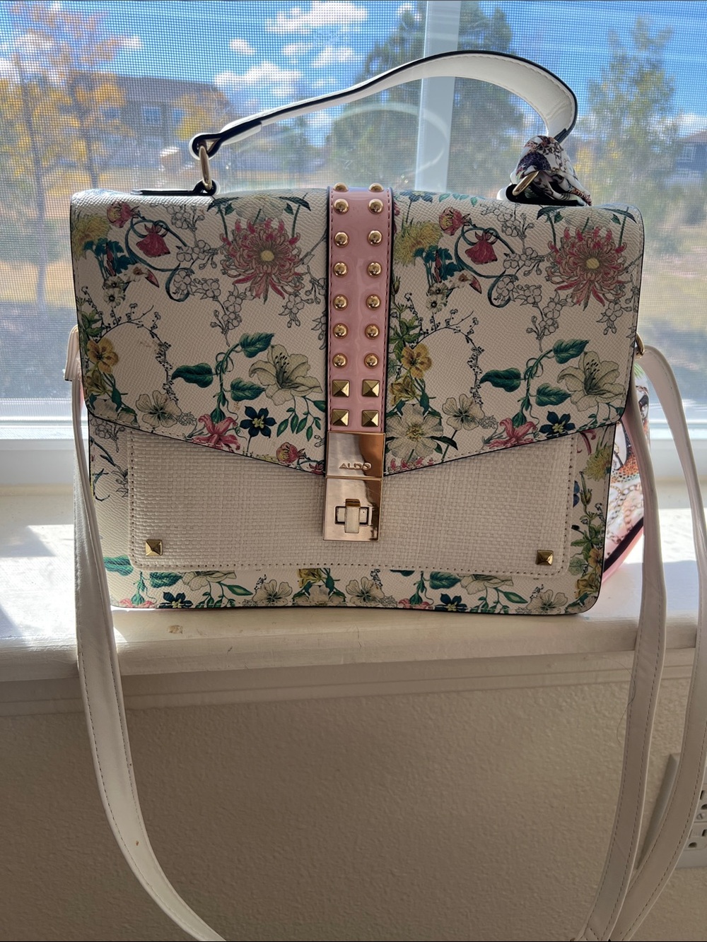 ALDO Floral Satchel Crossbody Bag Pink Studded Gold Hardware